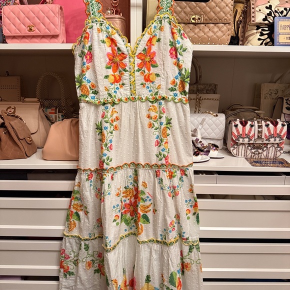 FARM Rio Dresses & Skirts - Farm Rio Floral Embroidered White Tiered Maxi Dress